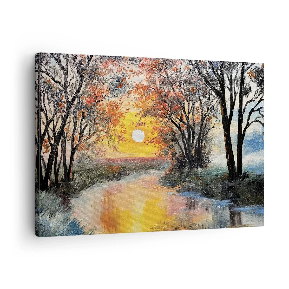 Quadro em tela - Pôr do sol sobre o rio em uma paisagem de outono - 70x50cm - Vibrações de outono - Decoração de parede moderna para a sala de estar e quarto ARTTOR