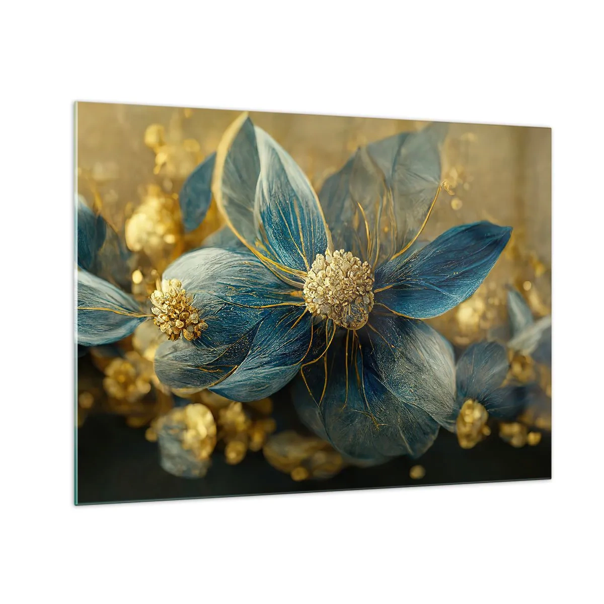 Quadro em vidro - Flores azuis e douradas com um toque luxuoso - 70x50cm - Florescer com ouro - Decoração de parede moderna para a sala de estar e quarto ARTTOR