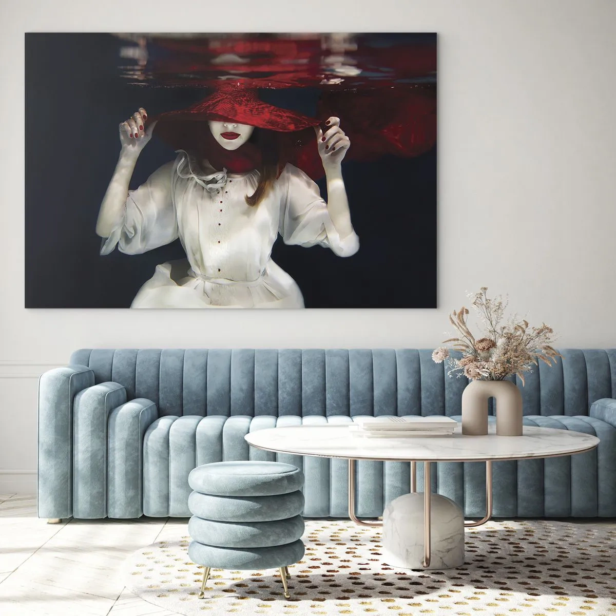 Quadro em vidro - Mulher com chapéu vermelho debaixo d'água - 70x50cm - Demônio do Pântano - Decoração de parede moderna para a sala de estar e quarto ARTTOR