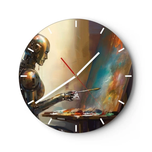 Relógio de parede - Relógio em vidro - Um robô pintando um quadro em um cavalete - 30x30cm - A arte do futuro - Decoração de parede moderna para a sala de estar, cozinha e quarto ARTTOR