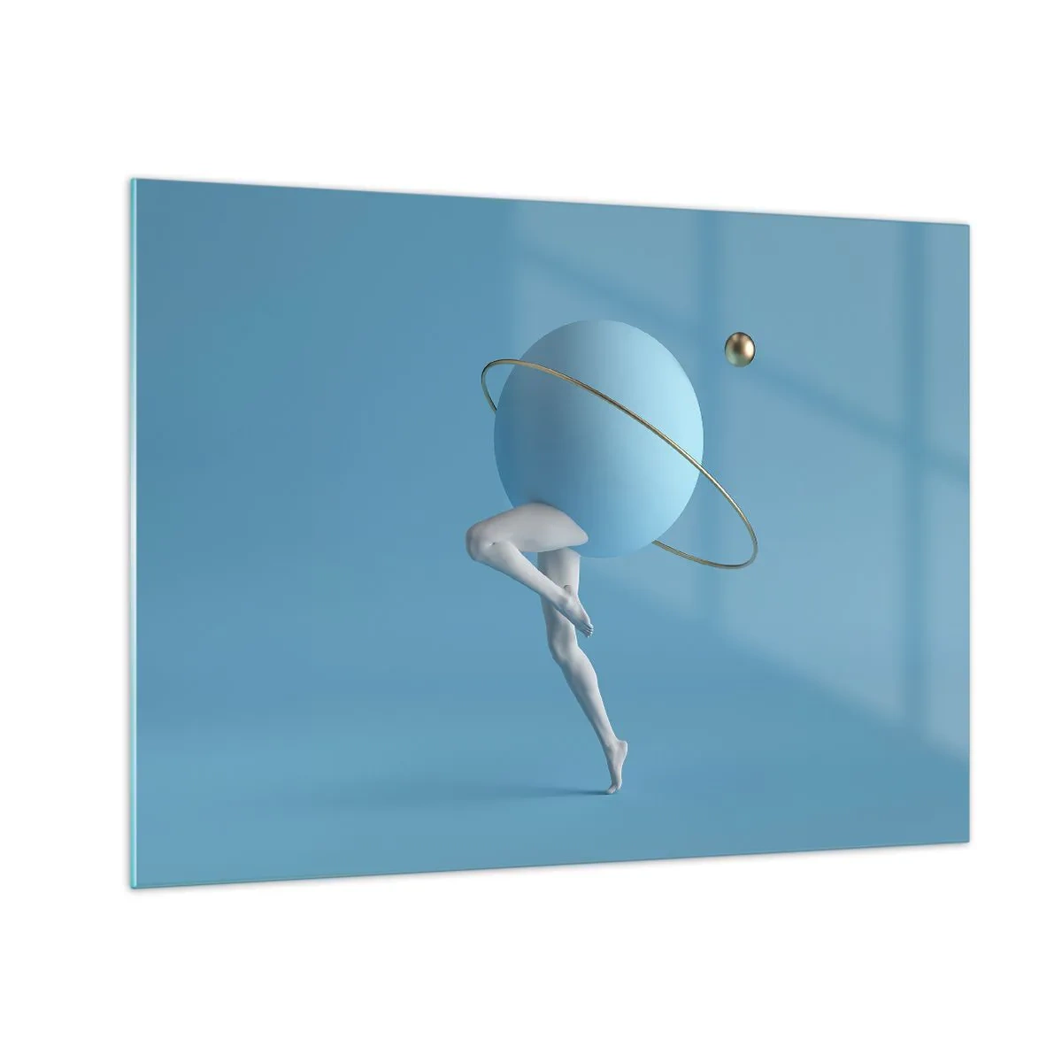Quadro em vidro - Uma composição minimalista de um planeta com pernas humanas em azul. - 70x50cm - Planetas a enlouquecer - Decoração de parede moderna para a sala de estar e quarto ARTTOR