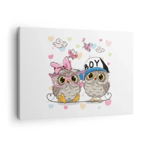 Quadro em tela - Duas adoráveis corujas rodeadas de corações - 70x50cm - Amemo-nos! - Decoração de parede moderna para a sala de estar e quarto ARTTOR
