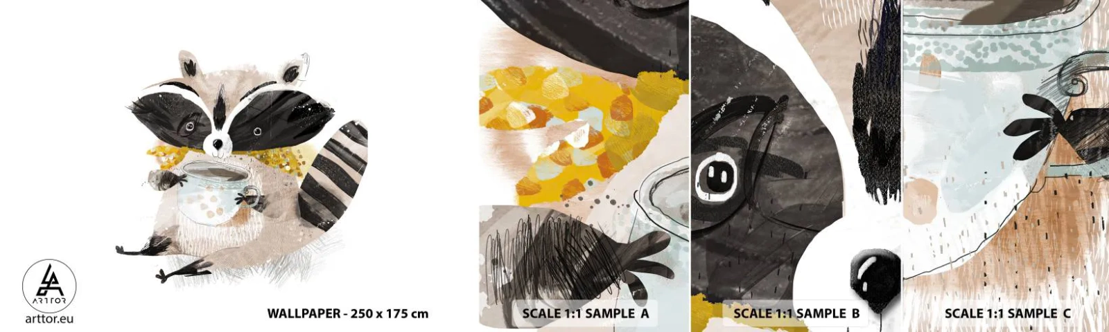 Amostra de papel de parede autocolante Deluxe Sticker - O meu amigo guaxinim - Para crianças, Guaxinim, Gráficos - 100x30 cm