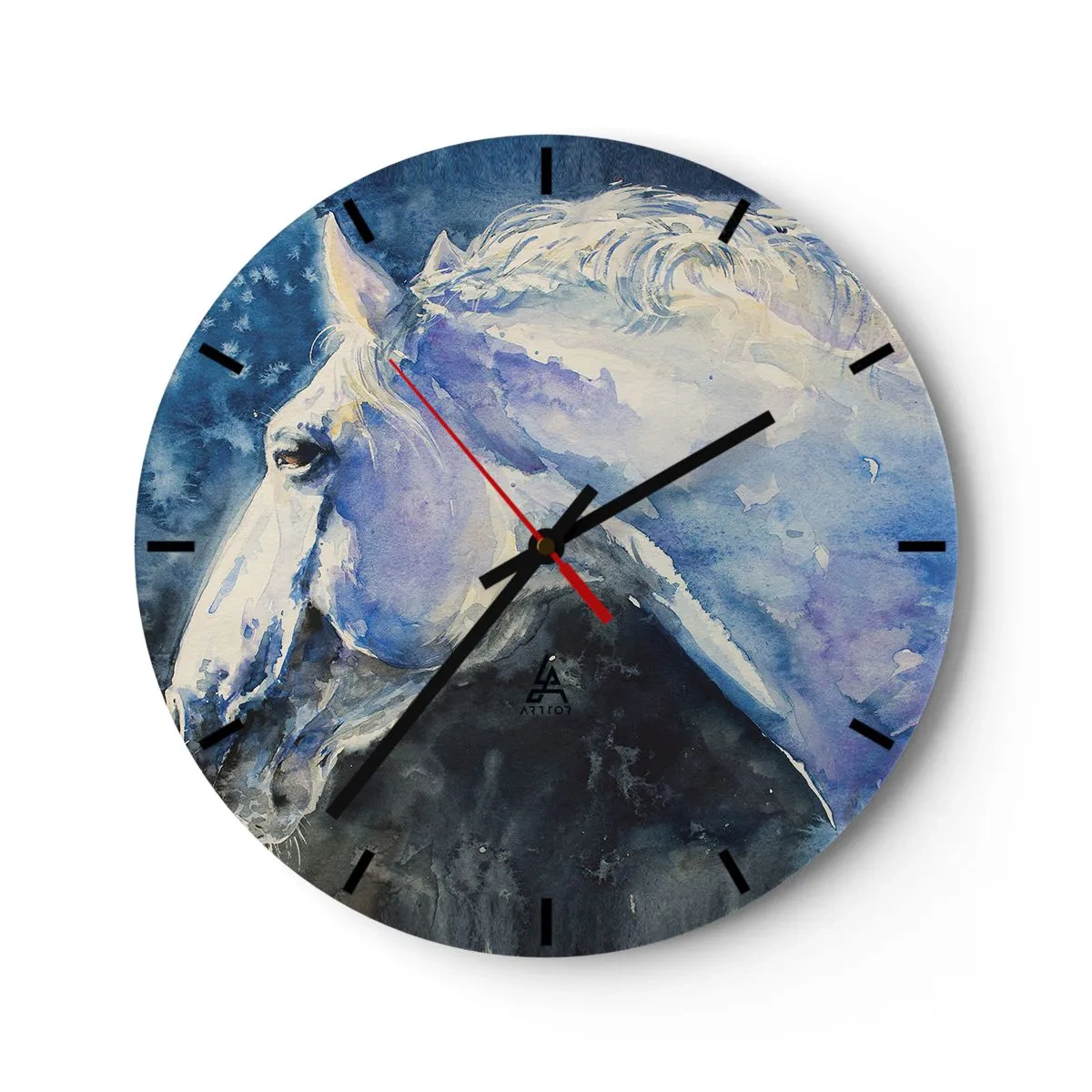 Relógio de parede - Relógio em vidro - Retrato artístico de um cavalo em tons de azul e branco - 30x30cm - Retrato com um brilho azul - Decoração de parede moderna para a sala de estar, cozinha e quarto ARTTOR