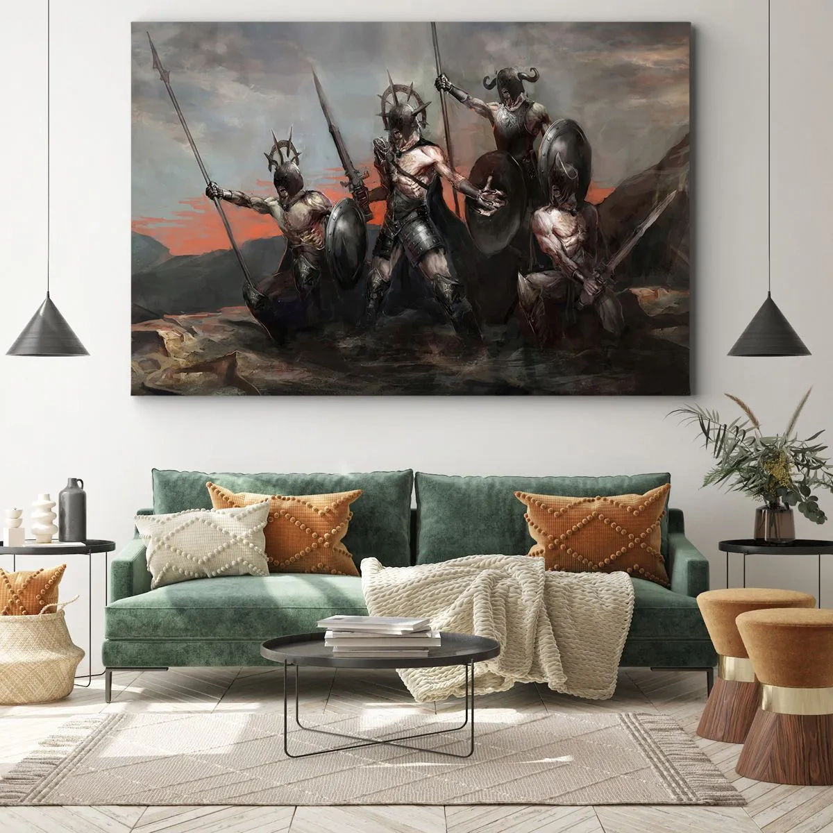 Quadro em tela - Um grupo de guerreiros em armaduras com lanças contra o pôr do sol - 70x50cm - Com ou em um escudo - Decoração de parede moderna para a sala de estar e quarto ARTTOR