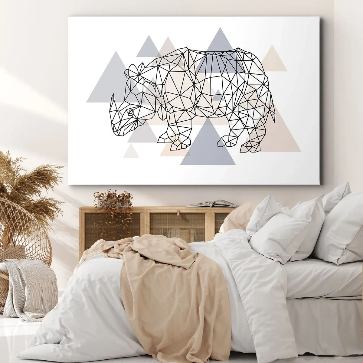 Quadro em tela - Rinoceronte geométrico sobre um fundo de triângulos delicados - 70x50cm - Estrutura da força - Decoração de parede moderna para a sala de estar e quarto ARTTOR