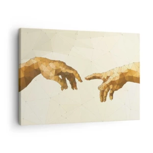 Quadro em tela - Mãos geométricas estendendo-se uma em direção à outra contra um fundo claro - 70x50cm - Geometria divina - Decoração de parede moderna para a sala de estar e quarto ARTTOR
