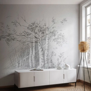 Papel de Parede Autocolante Deluxe Sticker - Luz da floresta de bétulas - Floresta, bétula, Árvores - 100x70 cm