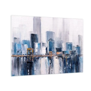 Quadro em vidro - Panorama abstrato da cidade com arranha-céus e uma ponte em cores frias - 70x50cm - Impressão de Nova York - Decoração de parede moderna para a sala de estar e quarto ARTTOR