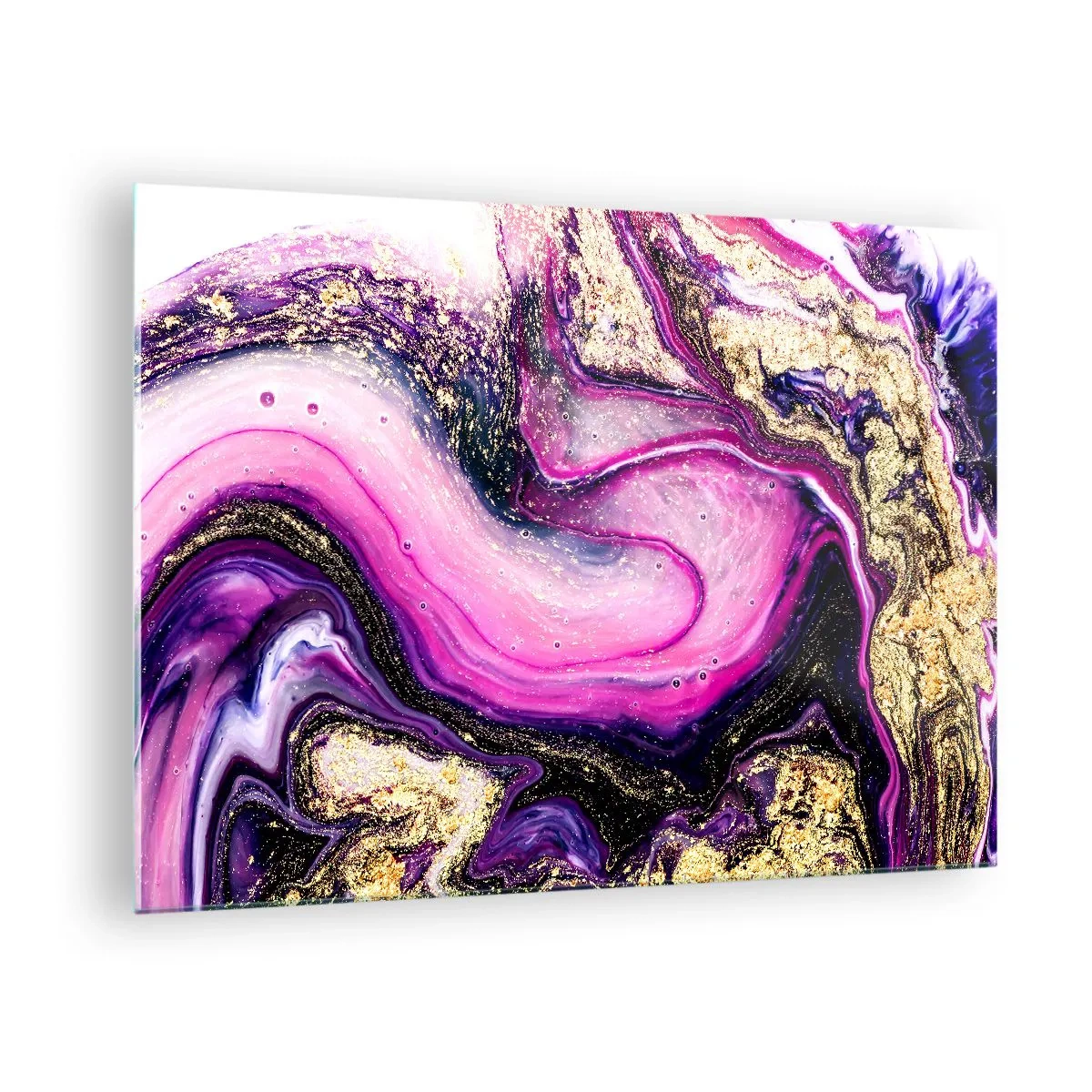 Quadro em vidro - Uma composição abstrata em tons de roxo e dourado. - 70x50cm - Um momento nos bastidores - Decoração de parede moderna para a sala de estar e quarto ARTTOR