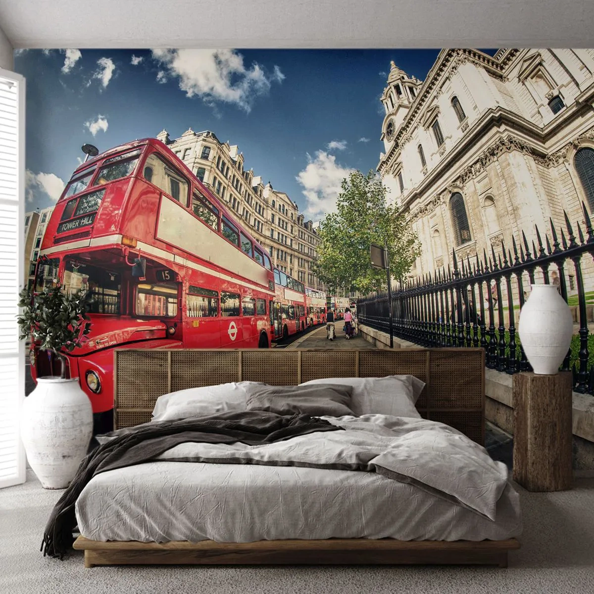 Papel de Parede Premium Canvas - Rua de Londres em cinza e vermelho - Cidade, Londres, ônibus vermelho - 350x256 cm