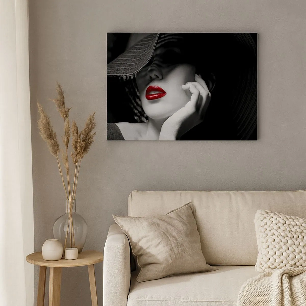 Quadro em tela - Retrato em preto e branco de uma mulher com lábios vermelhos - 70x50cm - Um estudo em vermelho - Decoração de parede moderna para a sala de estar e quarto ARTTOR