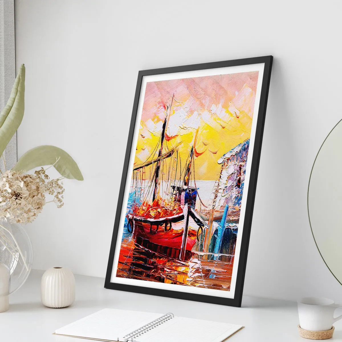 Pôster com moldura preta - Um navio pitoresco com o pôr do sol como pano de fundo - 50x70cm - Feliz retorno - Decoração de parede moderna para a sala de estar e quarto ARTTOR