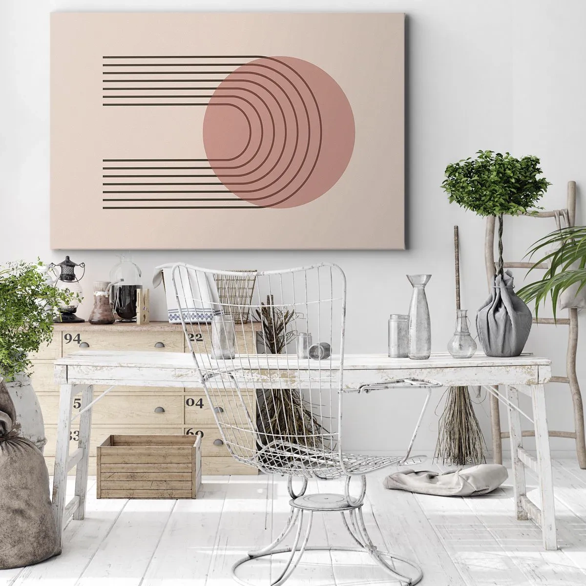 Quadro em tela - Motivo abstrato com círculo rosa e linhas - 70x50cm - Atração irresistível - Decoração de parede moderna para a sala de estar e quarto ARTTOR
