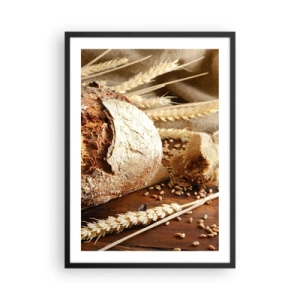 Pôster com moldura preta - Pão sobre uma mesa de madeira com espigas de trigo - 50x70cm - Apetitoso, perfumado, crocante - Decoração de parede moderna para a sala de estar e quarto ARTTOR
