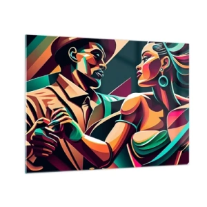 Quadro em vidro - Um casal colorido dançando em estilo art déco com expressão dinâmica. - 70x50cm - No ritmo do coração - Decoração de parede moderna para a sala de estar e quarto ARTTOR