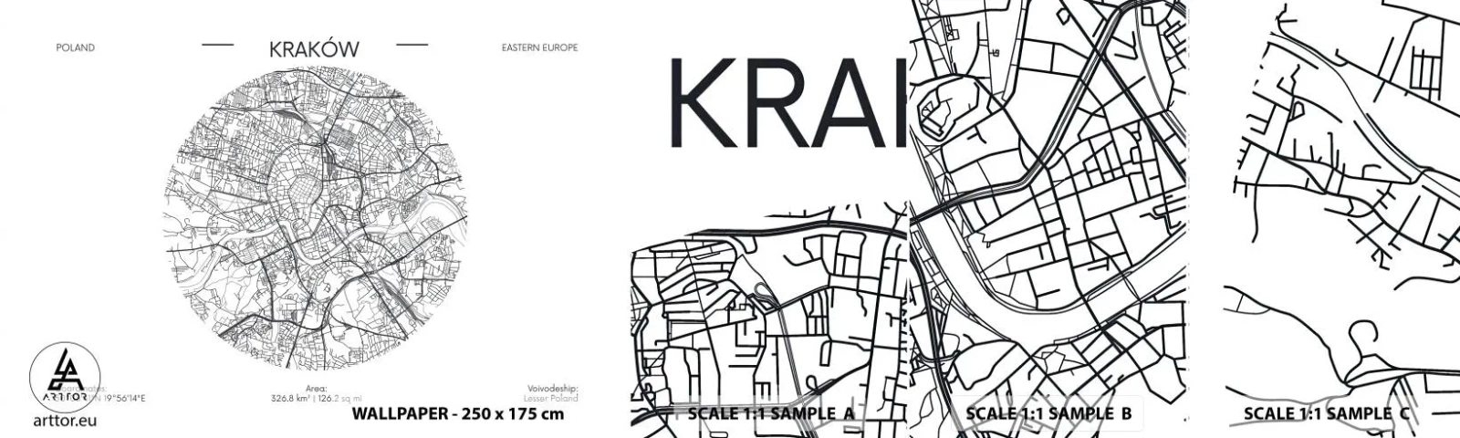 Amostra de Papel de Parede Standard Eco - Anatomia de Cracóvia - Mapa, Cracóvia, Polônia - 100x30 cm