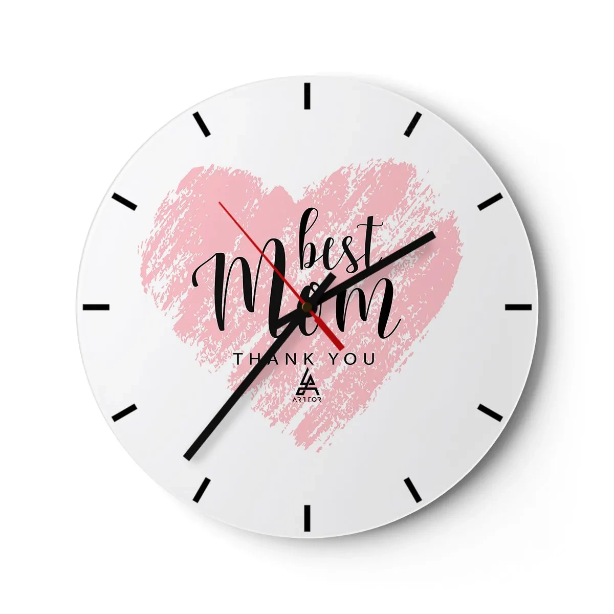 Relógio de parede - Relógio em vidro - Um coração rosa com as palavras "melhor mãe" em um fundo branco - 30x30cm - Sempre o momento certo - Decoração de parede moderna para a sala de estar, cozinha e quarto ARTTOR