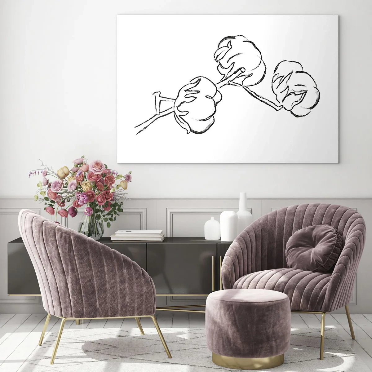 Quadro em vidro - Um esboço minimalista de um galho de algodão em linhas pretas. - 70x50cm - Algodão para baixo - Decoração de parede moderna para a sala de estar e quarto ARTTOR