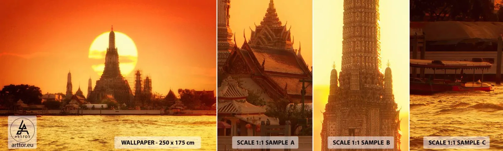 Amostra de papel de parede autocolante Deluxe Sticker - Rumo ao sol, sempre em direção ao sol - Bangkok, Templo do Amanhecer, Tailândia - 100x30 cm