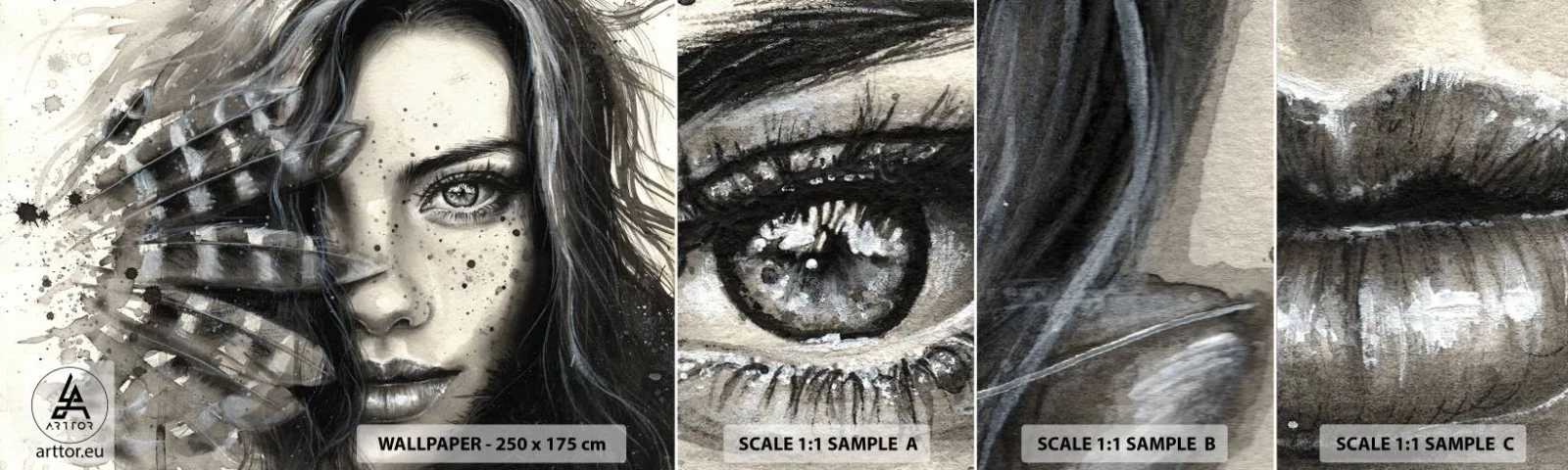 Amostra de Papel de Parede Standard Eco - Beleza selvagem - Mulher, Penas de pássaros, Gráficos - 100x30 cm