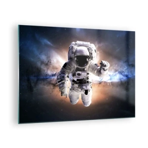 Quadro em vidro - Astronauta no espaço com uma galáxia ao fundo - 70x50cm - Saudações do espaço - Decoração de parede moderna para a sala de estar e quarto ARTTOR