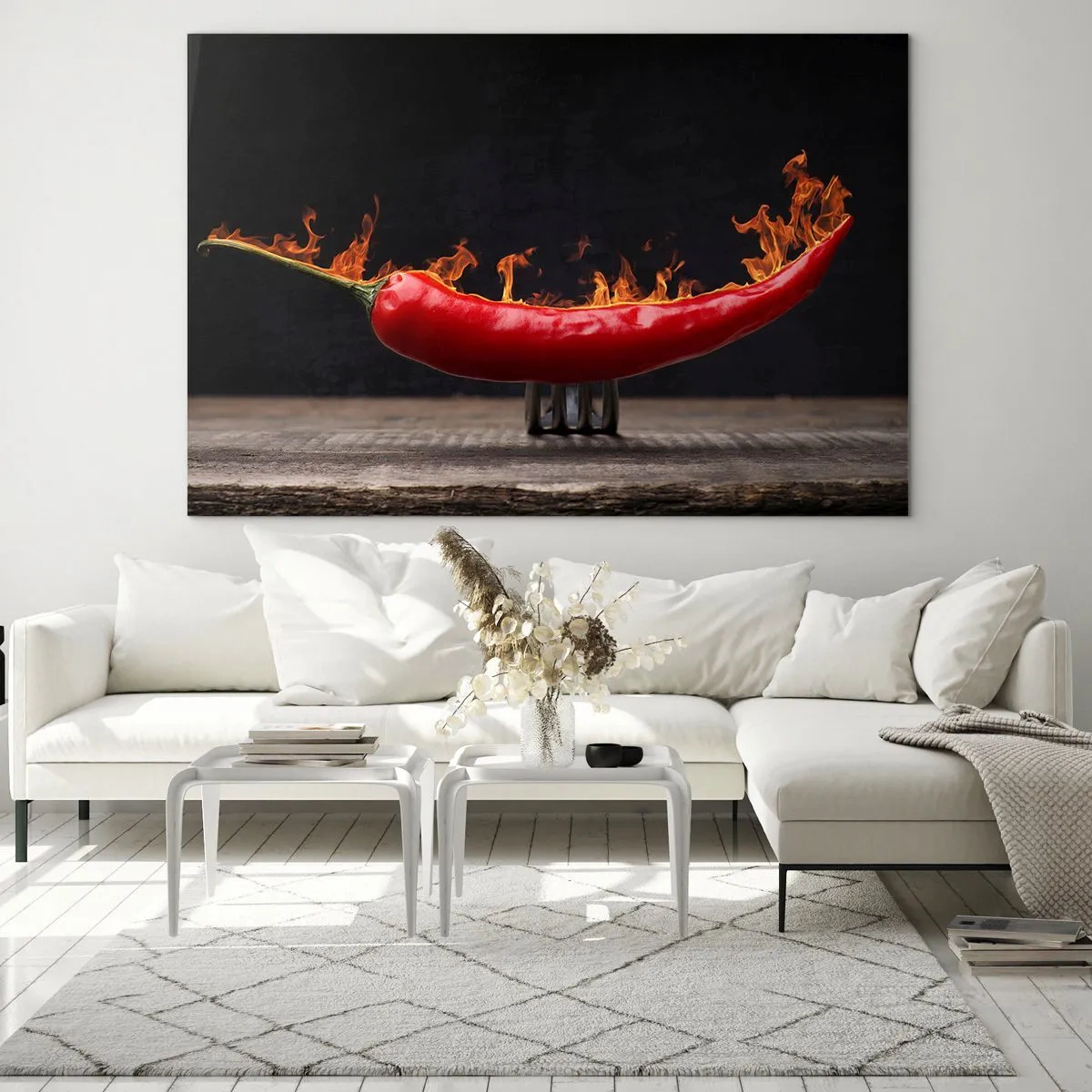Quadro em vidro - Pimenta vermelha queimando em um fundo preto - 70x50cm - Aperitivo de fogo - Decoração de parede moderna para a sala de estar e quarto ARTTOR