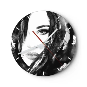 Relógio de parede - Relógio em vidro - Retrato de uma mulher em preto e branco com estilo aquarela - 30x30cm - Retrato de uma dama a preto e branco - Decoração de parede moderna para a sala de estar, cozinha e quarto ARTTOR