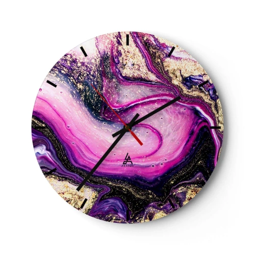 Relógio de parede - Relógio em vidro - Um padrão abstrato em tons de roxo e dourado com um motivo espiralado. - 30x30cm - Um momento nos bastidores - Decoração de parede moderna para a sala de estar, cozinha e quarto ARTTOR