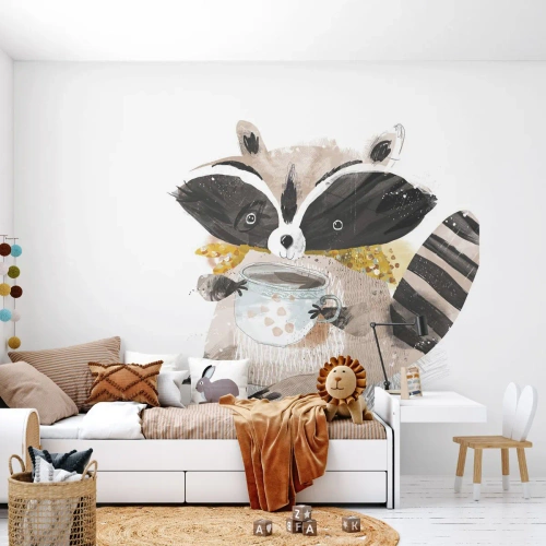 Papel de Parede Standard Eco - Guaxinim adorável com uma caneca de café em estilo aquarela - 100x70cm - O meu amigo guaxinim - Decoração de parede moderna para a sala de estar e quarto ARTTOR