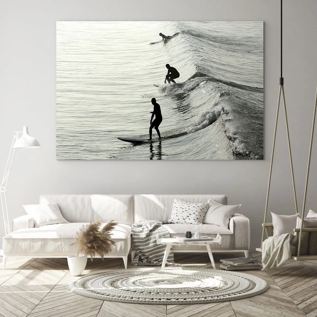 Quadro em vidro - Três surfistas surfando nas ondas pela manhã - 70x50cm - Para conhecer a onda - Decoração de parede moderna para a sala de estar e quarto ARTTOR