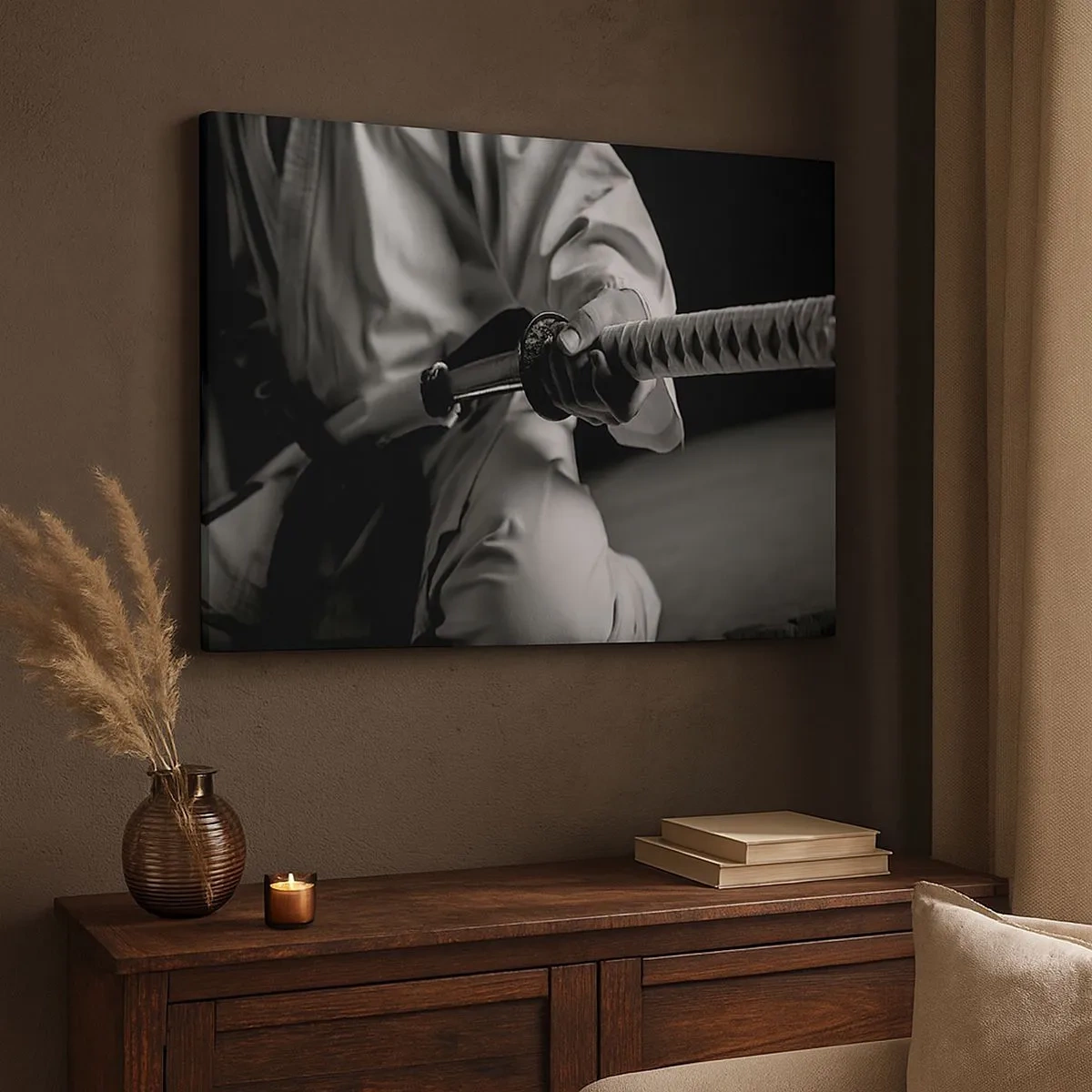 Quadro em tela - Um samurai de quimono segurando uma katana em preto e branco. - 70x50cm - Alma guerreira - Decoração de parede moderna para a sala de estar e quarto ARTTOR