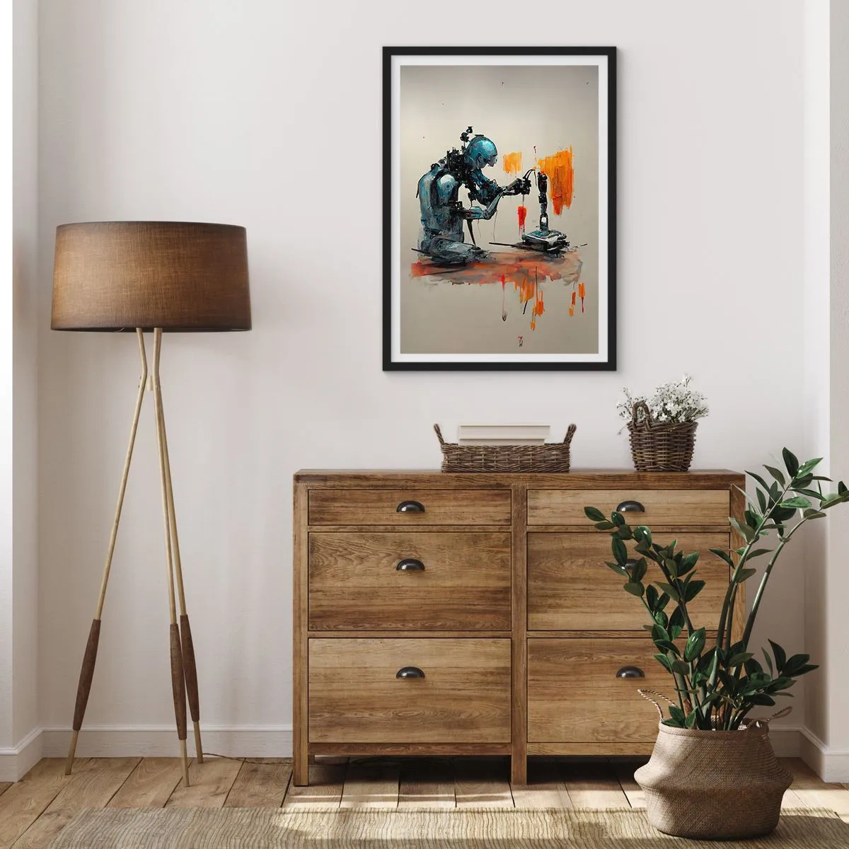 Pôster com moldura preta - Um robô cibernético no ato de criar arte. - 50x70cm - Já amanhã… - Decoração de parede moderna para a sala de estar e quarto ARTTOR