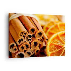 Quadro em tela - Paus de canela com fatias de laranja secas em cores quentes - 70x50cm - Sente o cheiro? - Decoração de parede moderna para a sala de estar e quarto ARTTOR