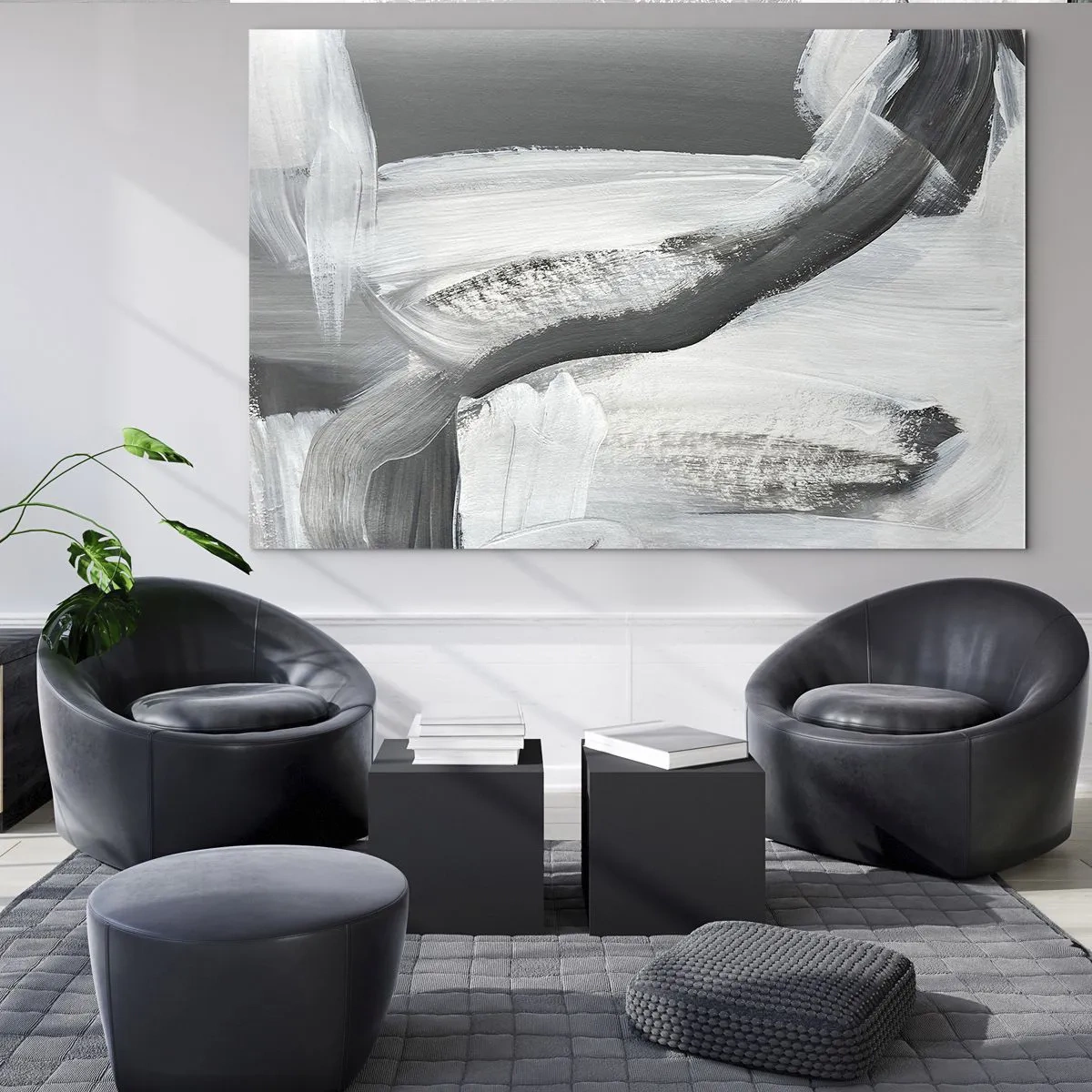 Quadro em vidro - Abstração em preto e branco com pinceladas dinâmicas. - 70x50cm - Um movimento decisivo - Decoração de parede moderna para a sala de estar e quarto ARTTOR