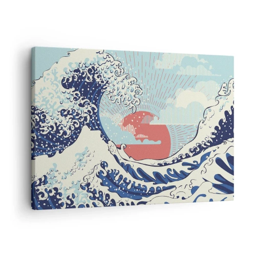 Quadro em tela - Ondas do oceano e um pôr do sol ao estilo japonês - 70x50cm - Das inspirações japonesas - Decoração de parede moderna para a sala de estar e quarto ARTTOR