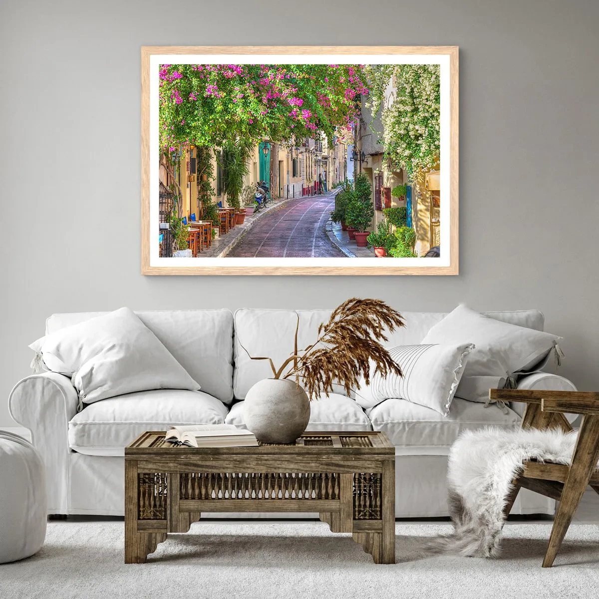 Pôster com moldura de carvalho claro - Beco florido - 91x61 cm