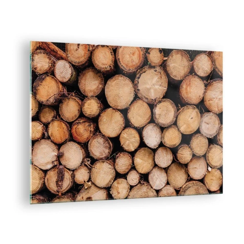 Quadro em vidro - Troncos de árvores dispostos verticalmente com anéis de crescimento visíveis - 70x50cm - Um novo começo - Decoração de parede moderna para a sala de estar e quarto ARTTOR