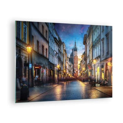Quadro em vidro - Vista noturna da cidade velha com a igreja ao fundo - 70x50cm - O charme de Cracóvia - Decoração de parede moderna para a sala de estar e quarto ARTTOR