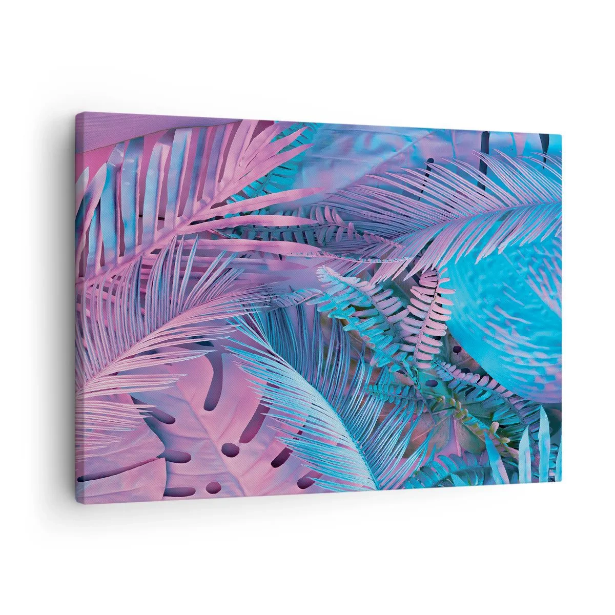 Quadro em tela - Folhas tropicais em tons de rosa e azul - 70x50cm - Trópicos em rosa e azul - Decoração de parede moderna para a sala de estar e quarto ARTTOR