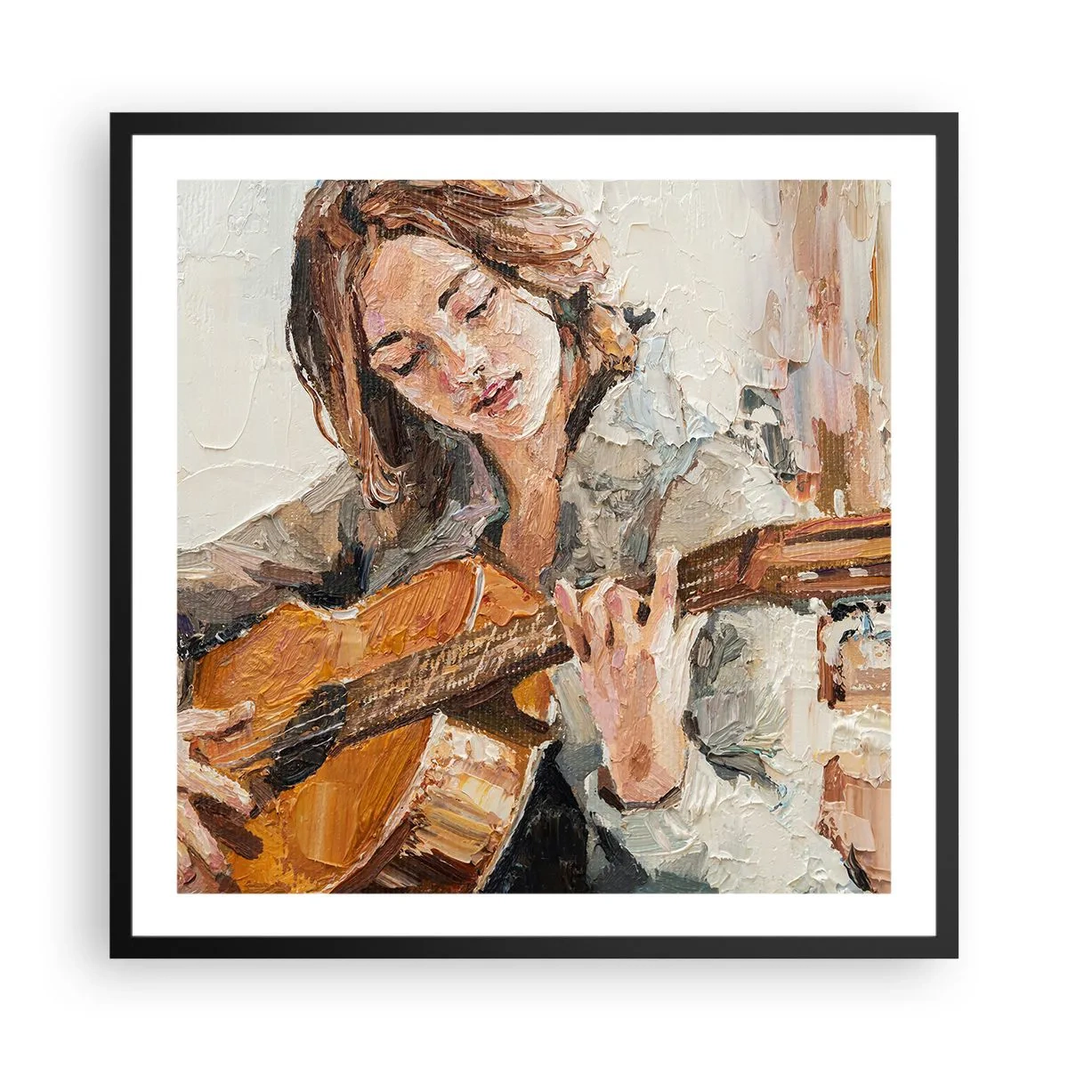 Pôster com moldura preta - Concerto de violão e coração de rapariga - 60x60 cm