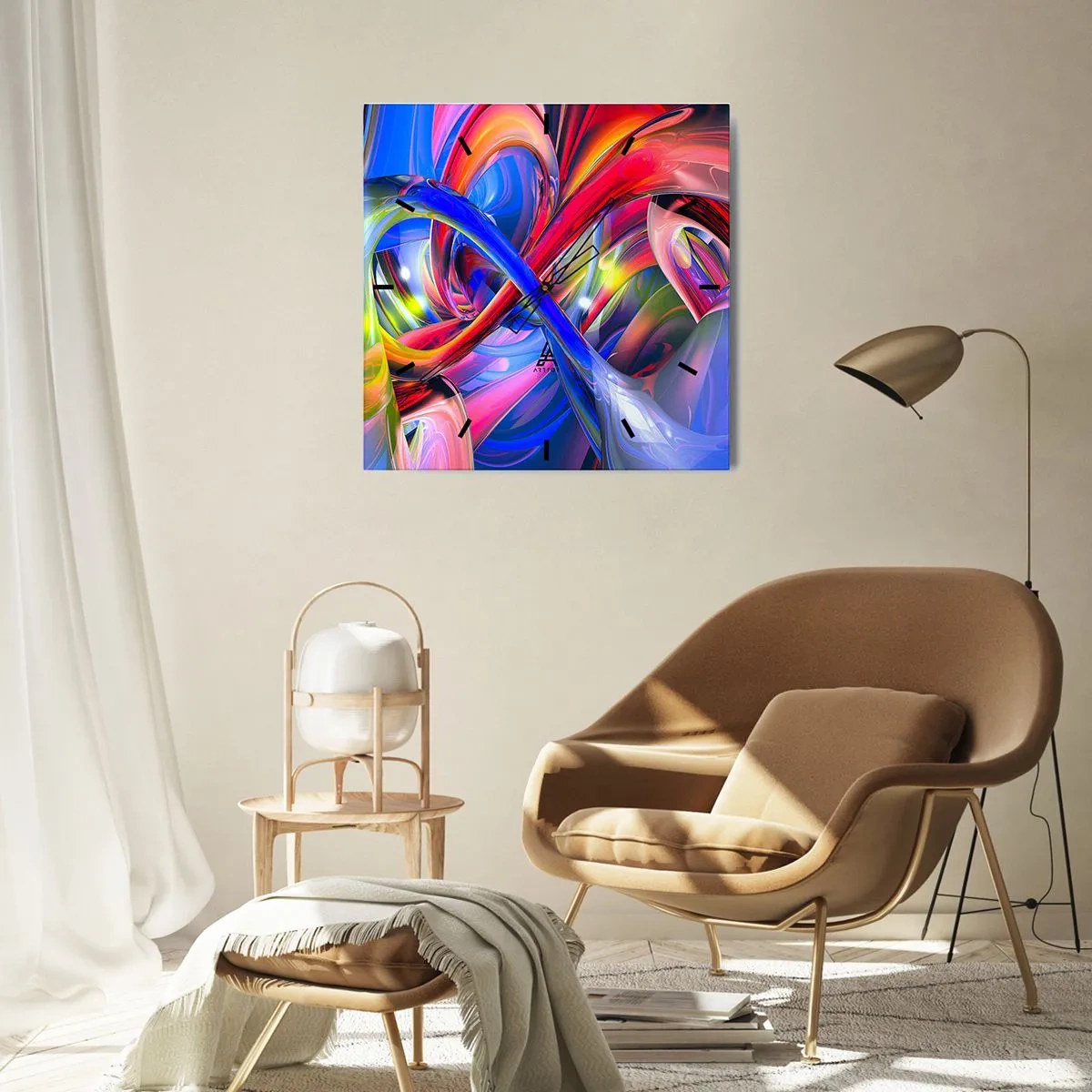 Relógio de parede - Relógio em vidro - Dança das cores - 30x30 cm