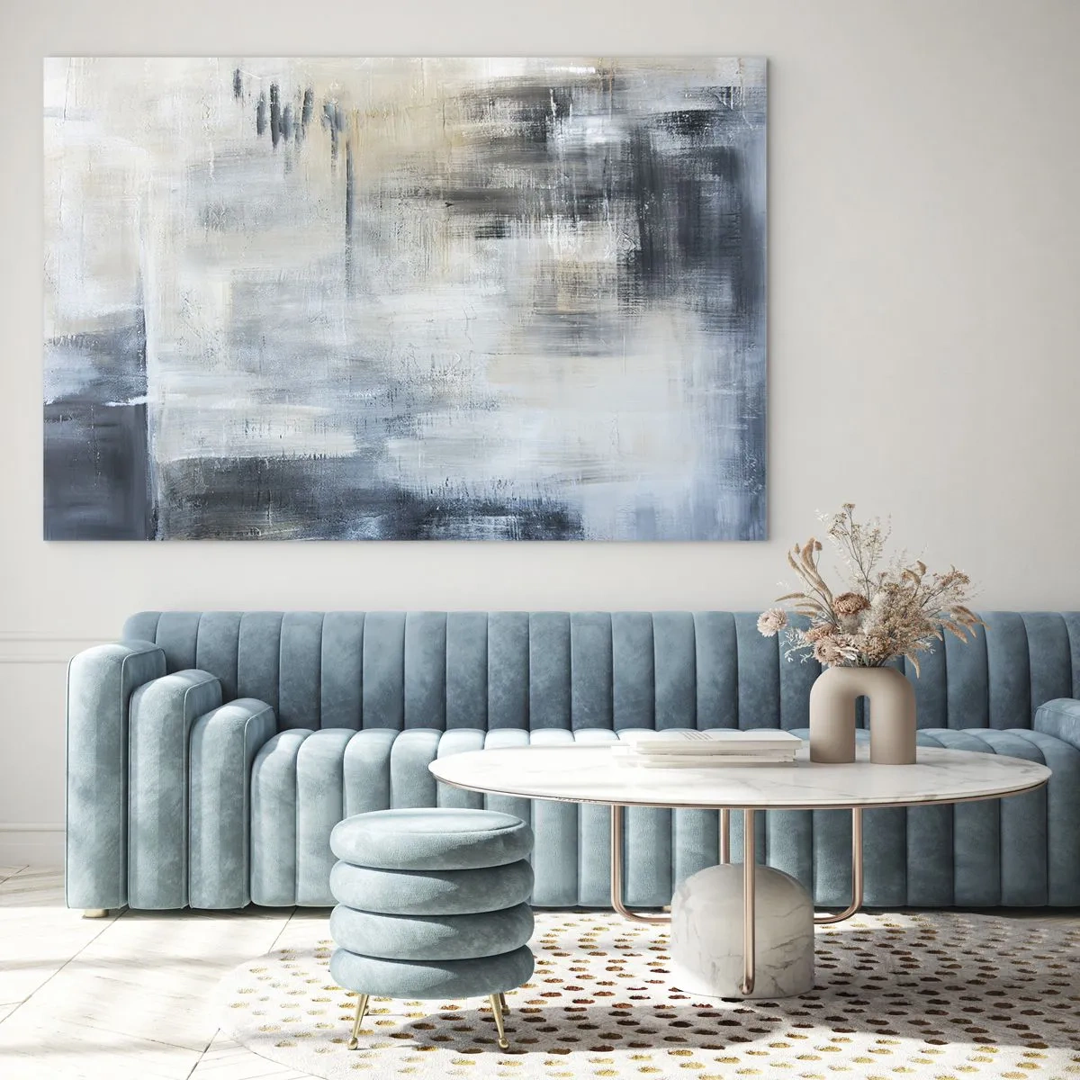 Quadro em vidro - Composição abstrata em tons de azul e cinza - 70x50cm - Atrás da cortina azul - Decoração de parede moderna para a sala de estar e quarto ARTTOR