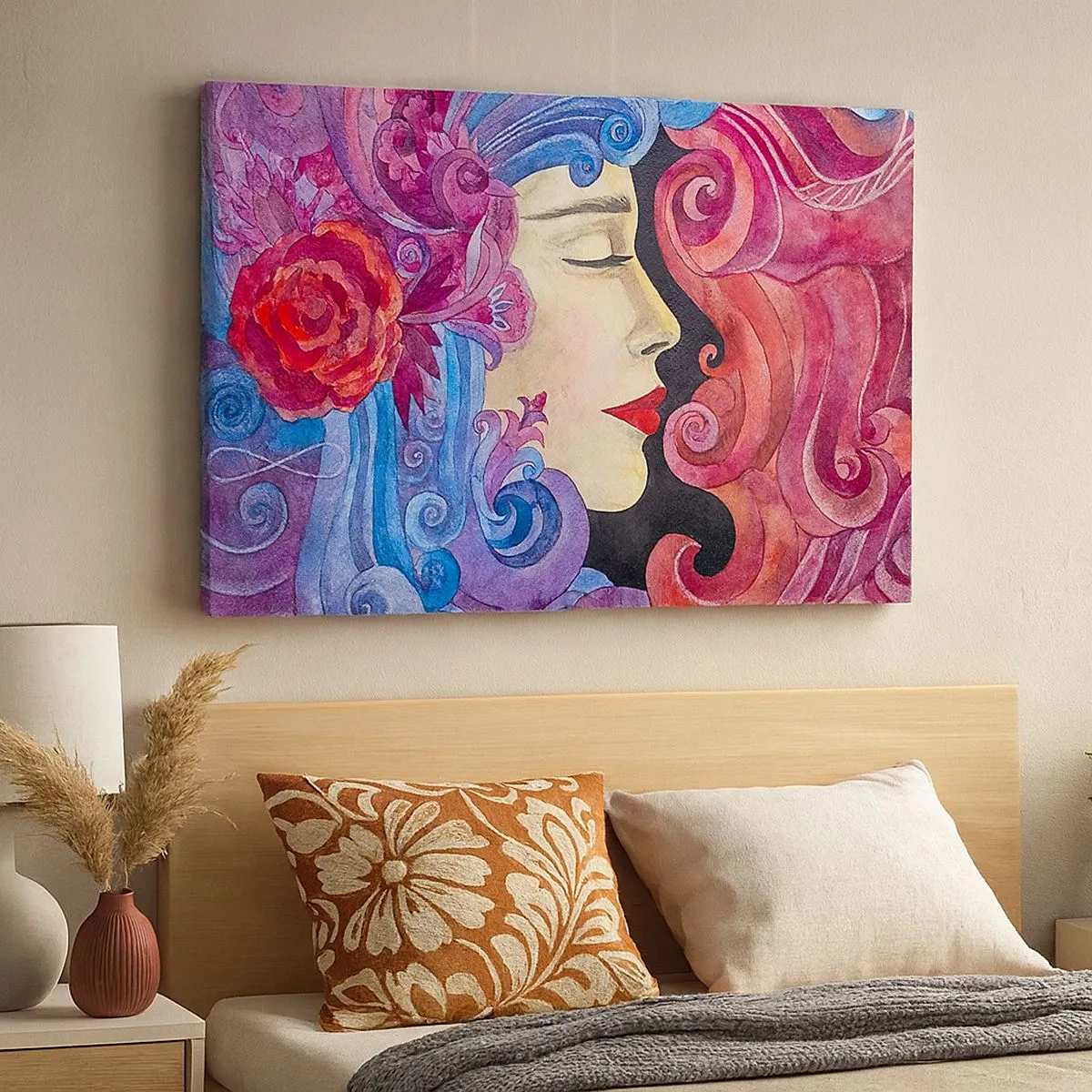Quadro em tela - Perfil colorido de uma mulher em estilo artístico - 70x50cm - Secessão ainda viva - Decoração de parede moderna para a sala de estar e quarto ARTTOR