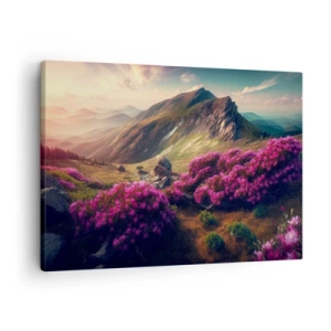 Quadro em tela - Paisagem montanhosa com rododendros em flor - 70x50cm - Verão nas montanhas - Decoração de parede moderna para a sala de estar e quarto ARTTOR
