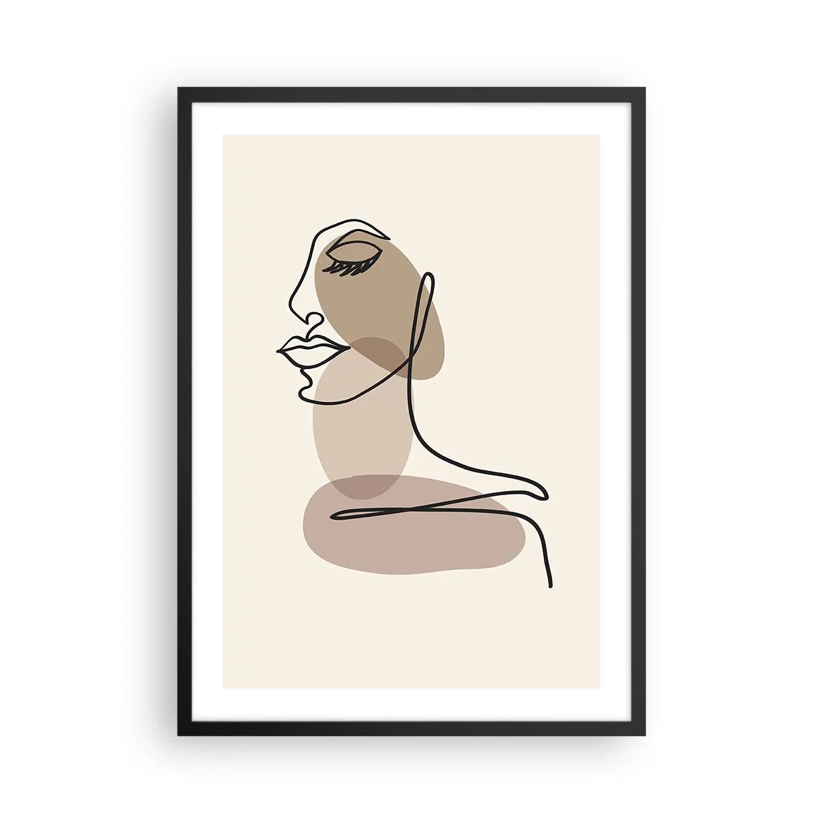 Pôster com moldura preta - Um retrato minimalista de uma mulher em tons de bege. - 50x70cm - Ouvindo-se a si própria - Decoração de parede moderna para a sala de estar e quarto ARTTOR