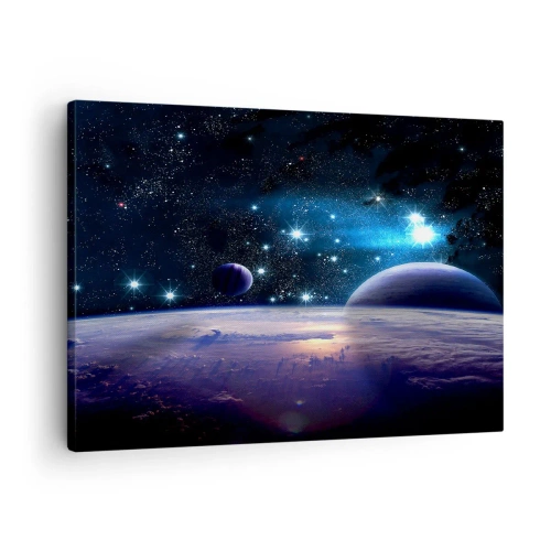 Quadro em tela - Uma visão do espaço sideral com planetas e estrelas - 70x50cm - Ainda sozinhos? - Decoração de parede moderna para a sala de estar e quarto ARTTOR