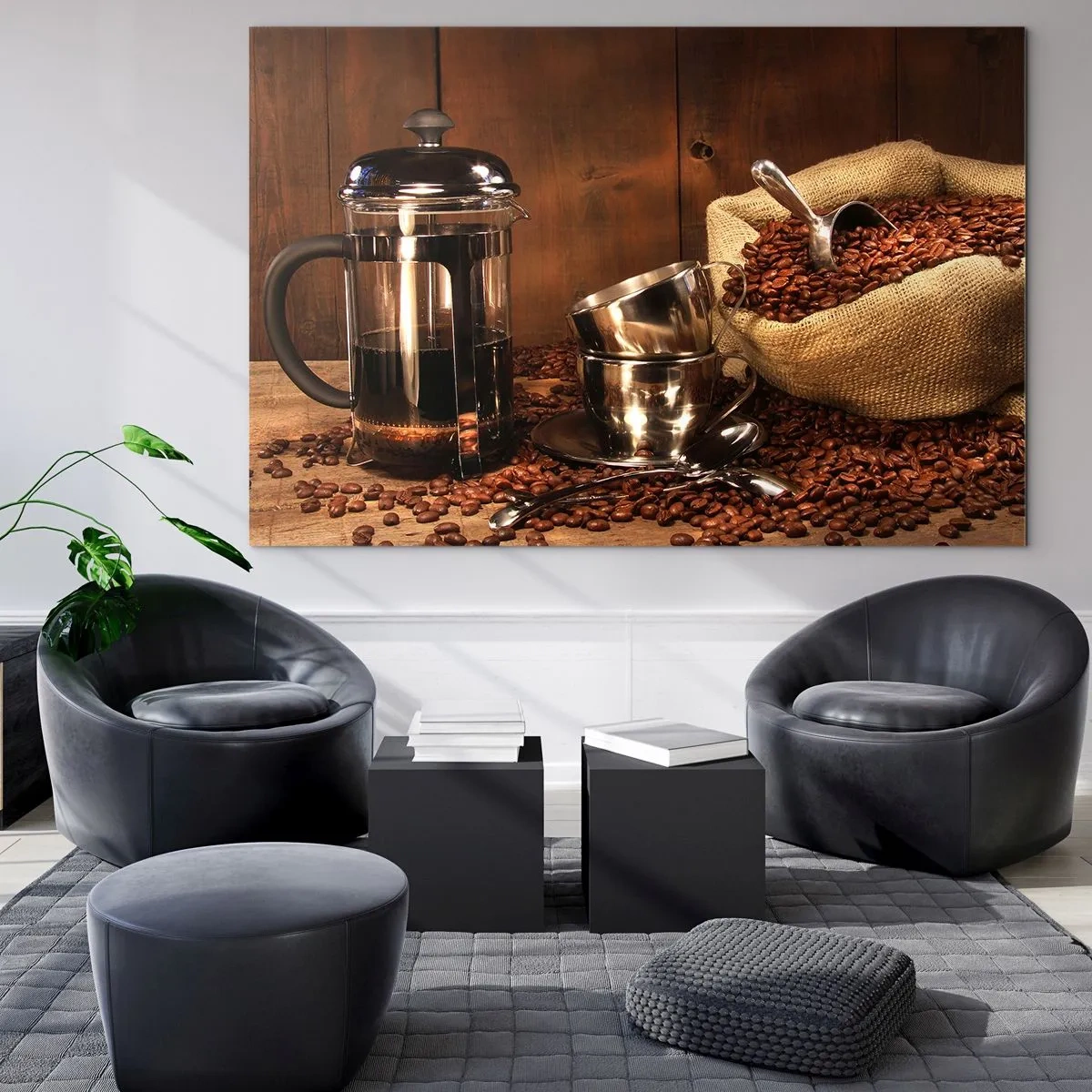 Quadro em vidro - Cafeteira, xícaras e um saco de grãos de café - 70x50cm - O charme do café - aroma e sabor - Decoração de parede moderna para a sala de estar e quarto ARTTOR