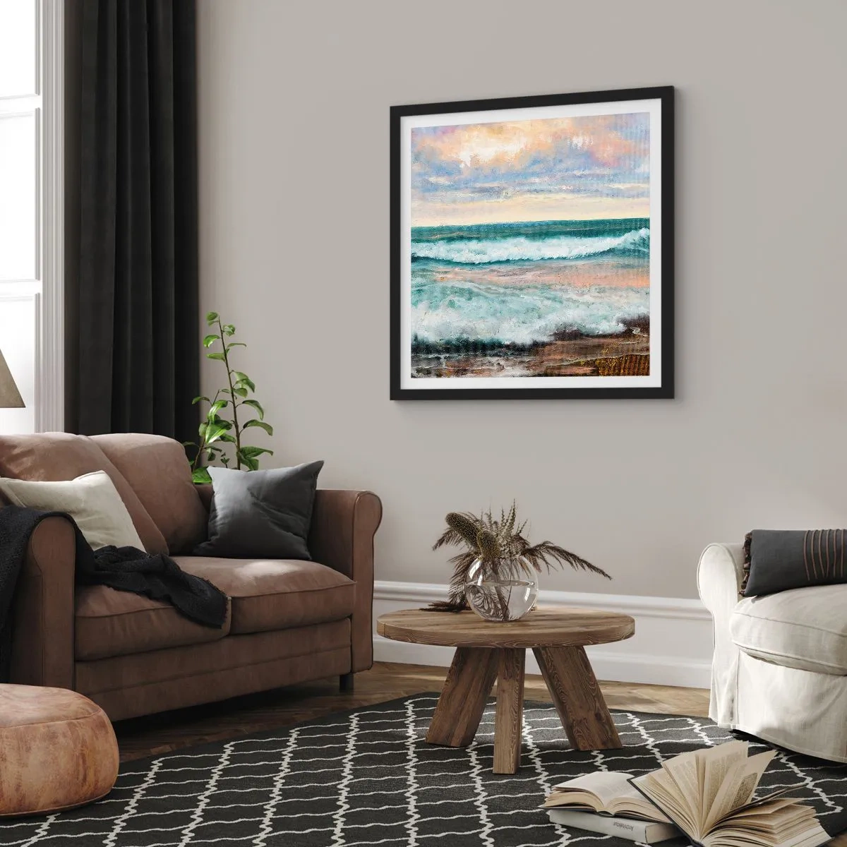 Pôster com moldura preta - Aqui suavizas a alma - 50x50 cm