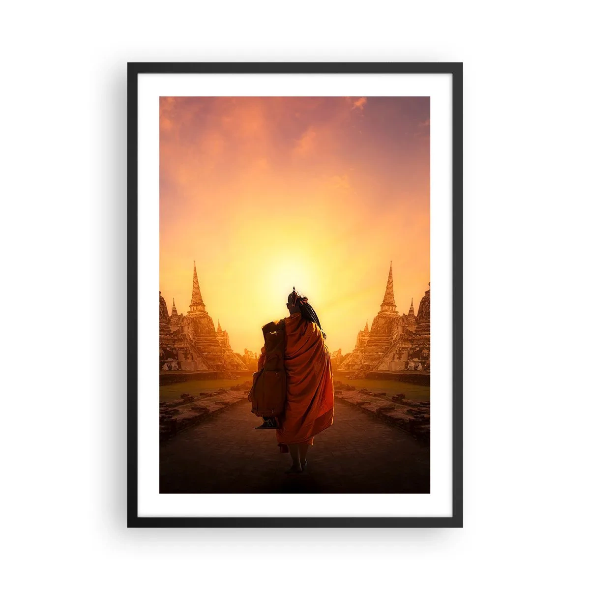 Pôster com moldura preta - Um monge budista sob os raios do sol nascente - 50x70cm - Em paz para a eternidade - Decoração de parede moderna para a sala de estar e quarto ARTTOR